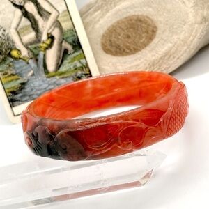 Rare Red Jadeite Jade Hand Carved 62mm Lotus Flower Ruyi Fish Bangle Bracelet
